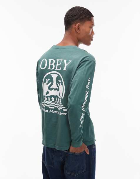 Obey precision long sleeve t-shirt with back print in dark green - view 1