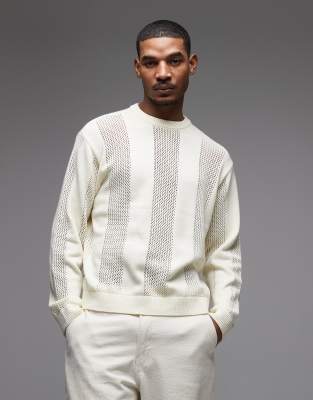 Pullover aus Häkelstrick in Naturbeige mit Rundhalsausschnitt-Neutral Neutral S