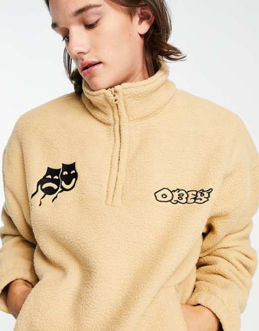 Obey Pulp half zip sherpa sweatshirt in beige