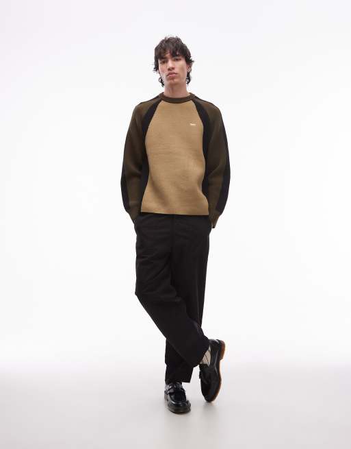 Obey raglan knitted jumper in brown and beige, 2 of 5