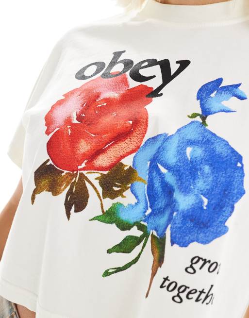 Obey - Råhvid T-shirt med firkantet pasform og grafisk rosenprint, 3 af 4