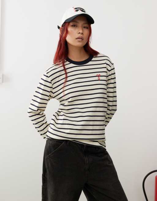 Obey - Ramona - Gestreept T-shirt met lange mouwen in wit 