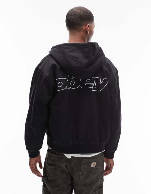 Obey randy zip up hooded bomber jacket in black | ASOS