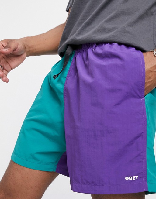 Obey recess easy relaxed split shorts in green/purple