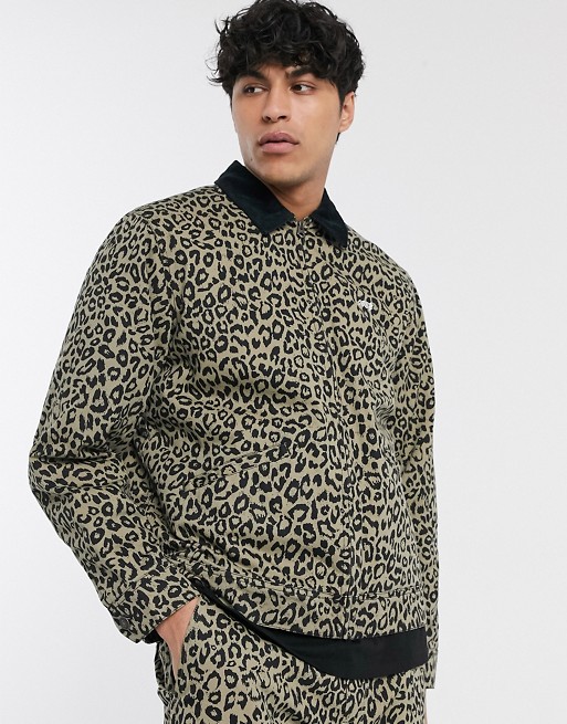 Obey Reid leopard print sherpa-lined jacket in khaki