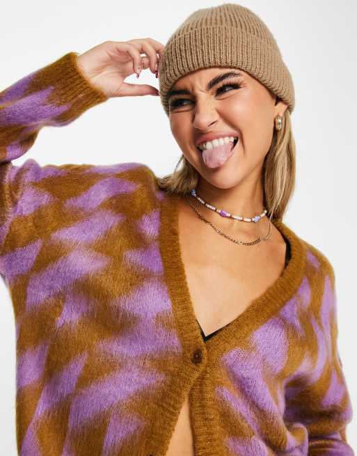 Obey relaxed cardigan in fluffy graphic print
