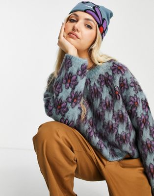 Obey relaxed knitted jumper in retro floral