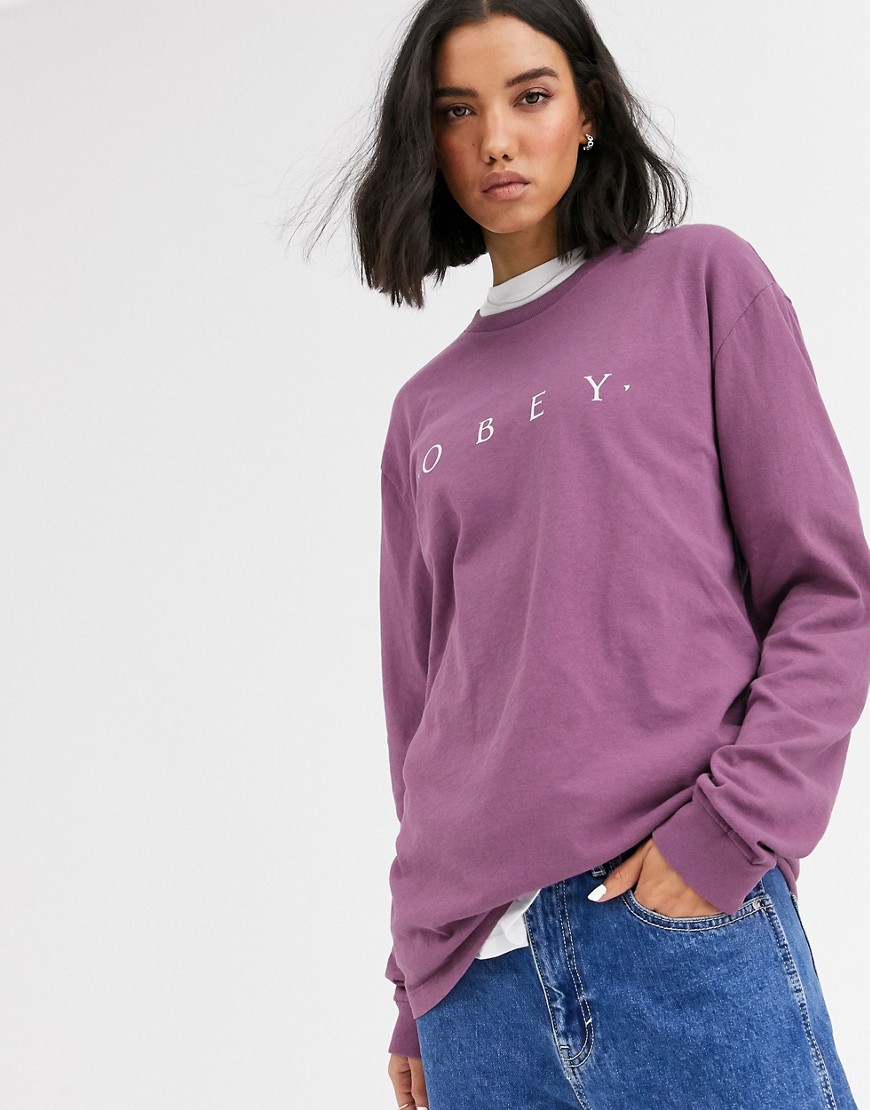 Obey relaxed long sleeve t-shirt with front logo-Purple