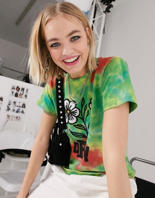 Obey relaxed t-shirt in bright tie-dye and flower logo graphic