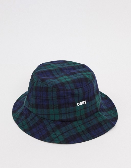 Obey rhye plaid check bucket hat in green