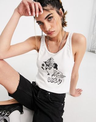 Obey ribbed fitted vest with logo and fairy graphic