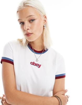 Obey - Ringer-T-Shirt in Weiß mit Retro-Look und Markenlogo