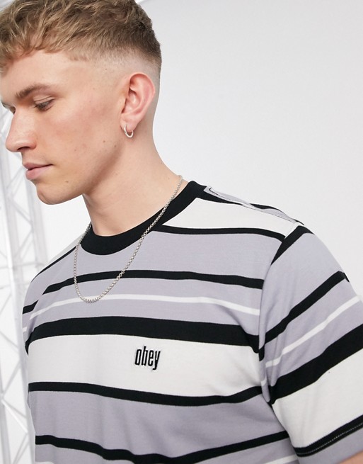 Obey Roll Call stripe t-shirt in grey multi