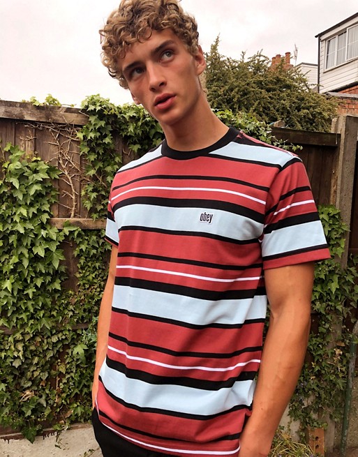 Obey Roll Call striped t-shirt in red multi