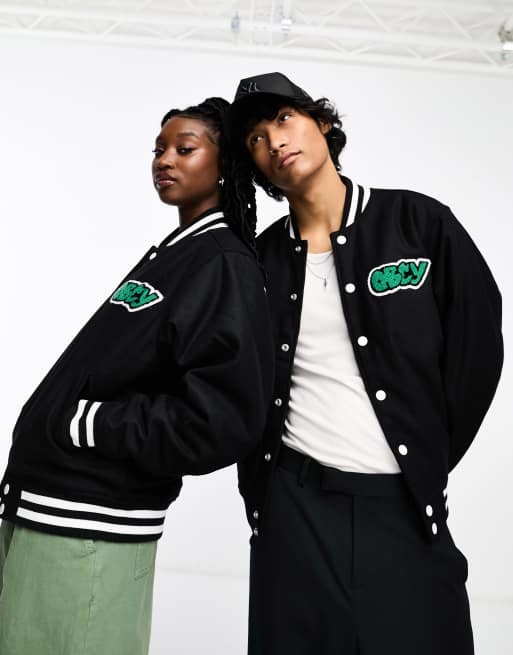 Obey roll call unisex varsity jacket in black | ASOS