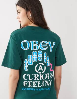 Obey - Sensory - T-Shirt in Dunkelgrün mit Logo- und Grafikprint am Rücken