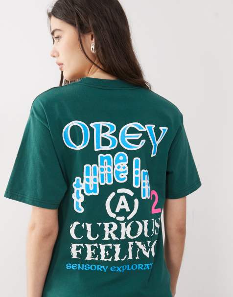 Obey – Sensory – T-Shirt in Dunkelgrün mit Logo- und Grafikprint am Rücken - view 1