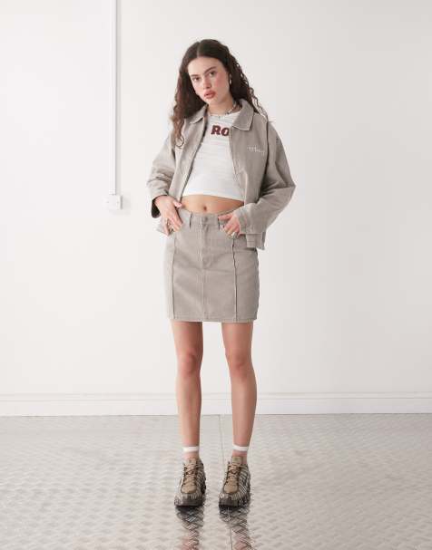 Obey Serene denim midi skirt in faded beige wash