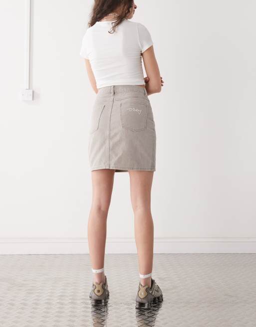 Obey Serene denim midi skirt in faded beige wash, 4 of 5