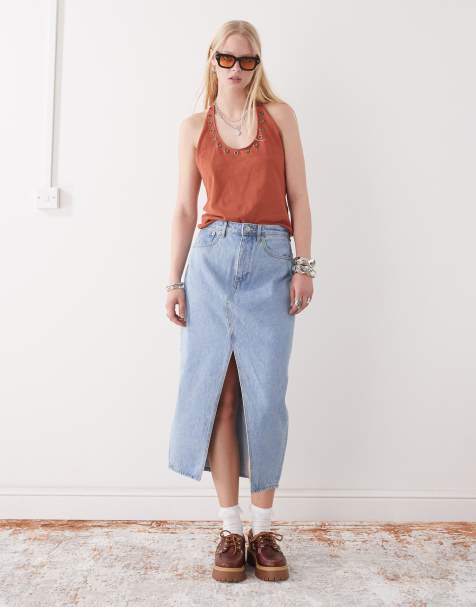 Obey - Simplex - Jupe mi-longue en jean fendue sur le devant - Bleu clair délavé - view 1