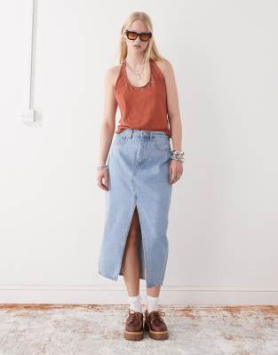 Obey - Simplex - Midi-Jeansrock in verwaschenem Hellblau mit Schlitz vorne