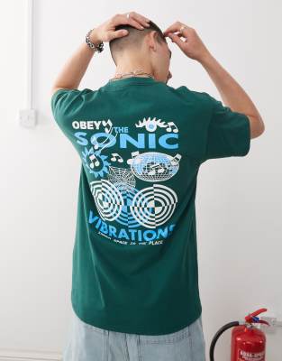 Obey sonic vibrations graphic logo t-shirt with back print in dark green - view 1