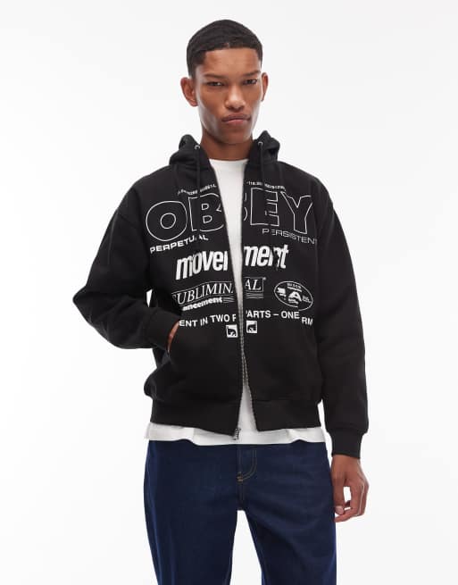 Obey - Sort hættetrøje med lynlås og 'persistent movement'-print i oversized pasform