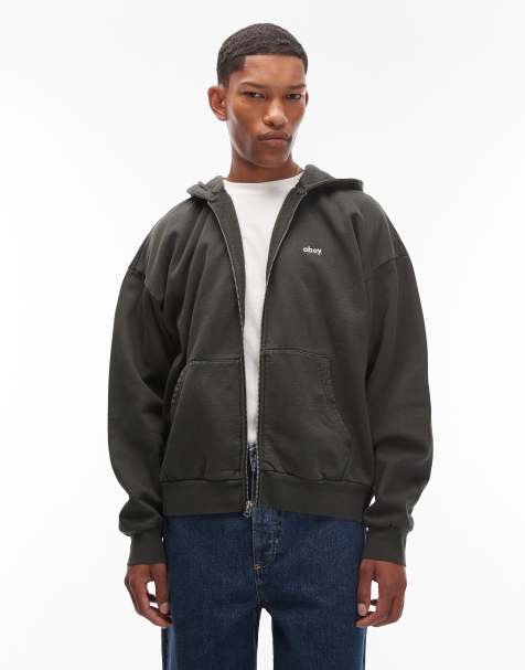 Obey - Sort oversized hættetrøje med gennemgående lynlås og lille logo - view 1