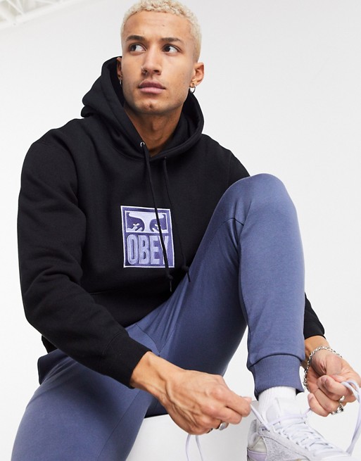Obey stack embroidered hoodie in black