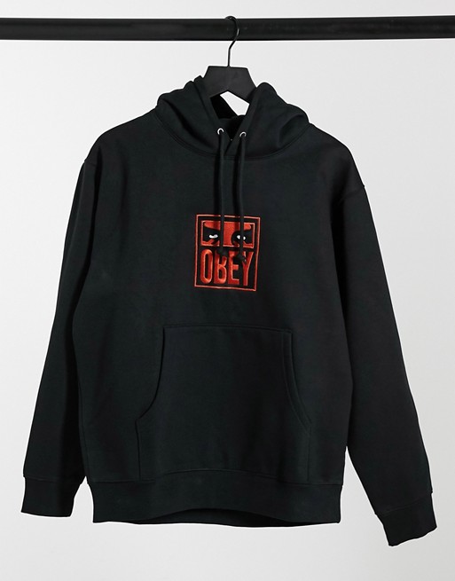 Obey stack hood embroidered hoodie in black