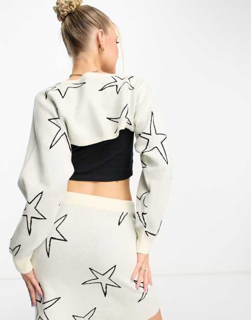 Obey stars knitted cropped bolero in off white