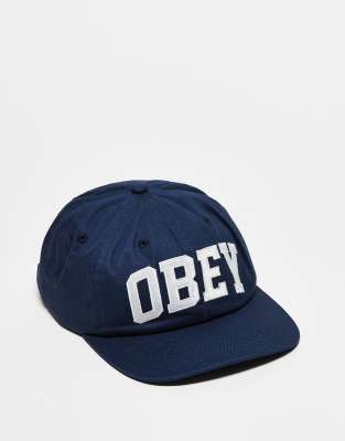 Obey - Strapback-Kappe in Marineblau mit sechs Bahnen und „Obey"-College-Logo