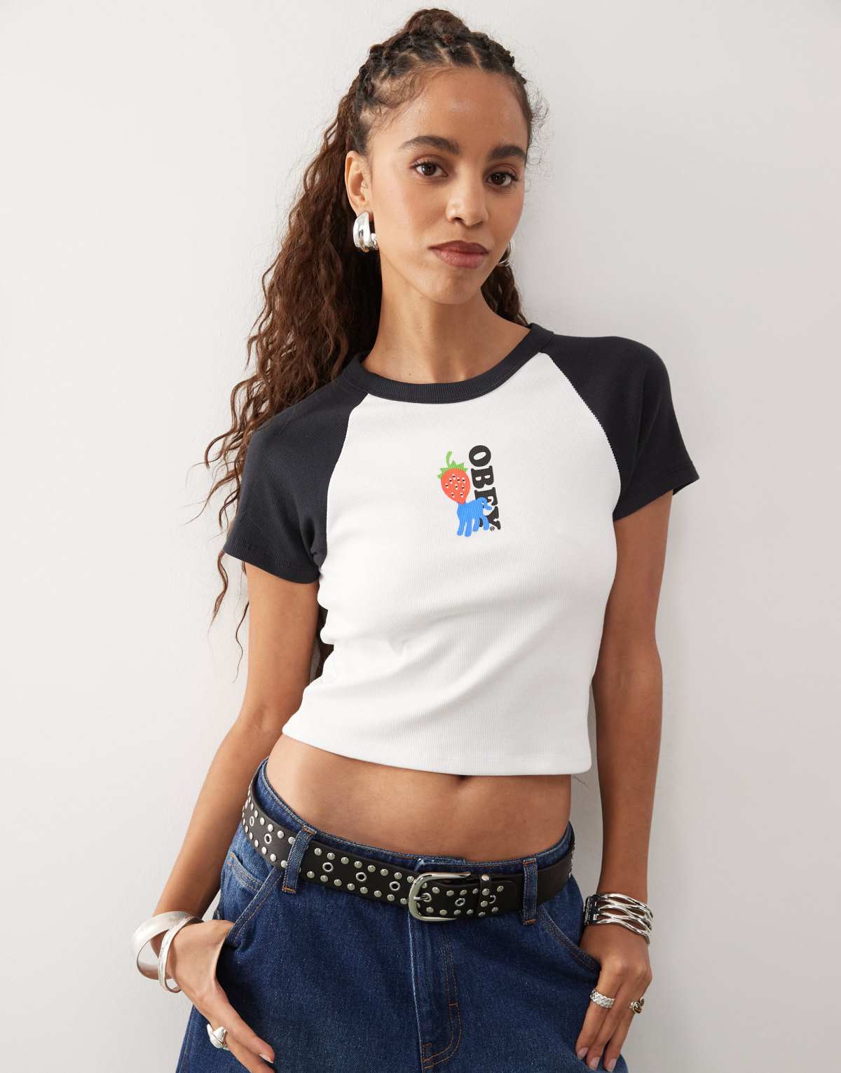 Obey Strawberry graphic logo raglan t-shirt in white