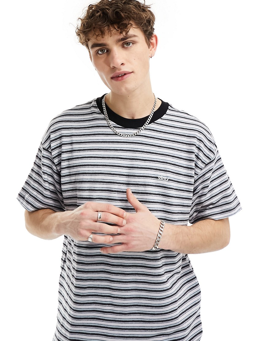 Obey stripe short sleeve t-shirt with ringer detail in academy blue multi
