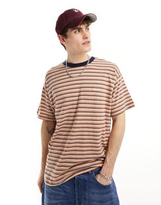 Obey stripe short sleeve t-shirt with ringer detail in academy orange multi