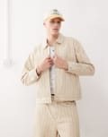 [Obey] Obey stripe zip up jacket in beige-Neutral S BEIGE