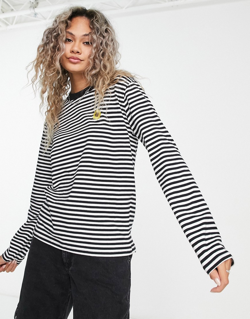 Obey striped sunflower long sleeve t-shirt in black and white