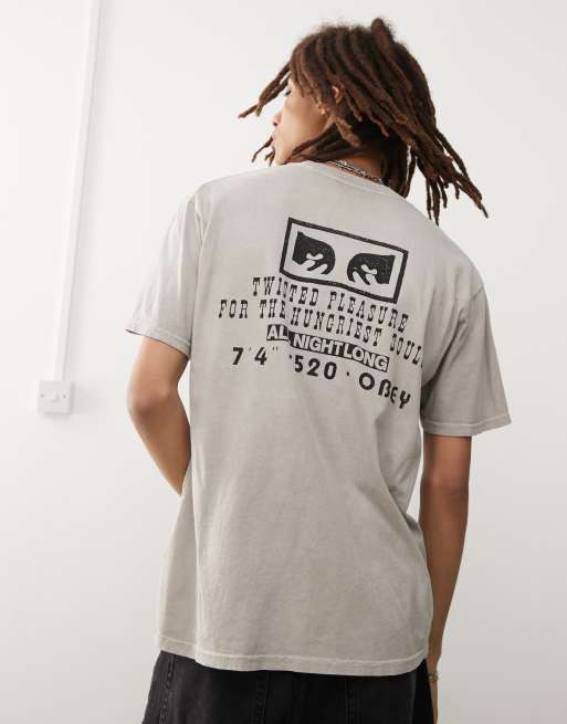 Obey – Stückgefärbtes T-Shirt in Steingrau mit Print hinten