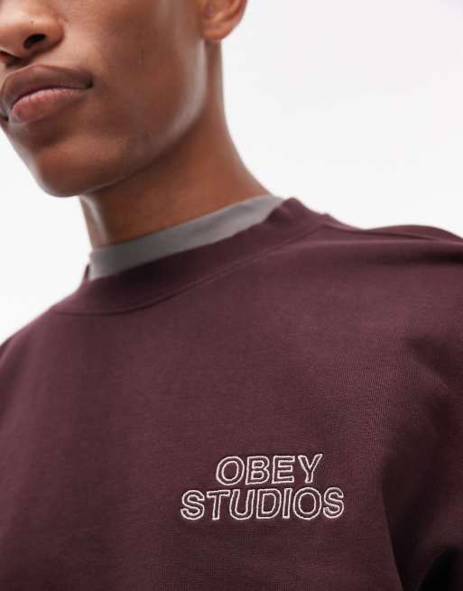 Obey - Studios - Felpa squadrata bordeaux sbiadita con stampa sul retro, 5 di 5