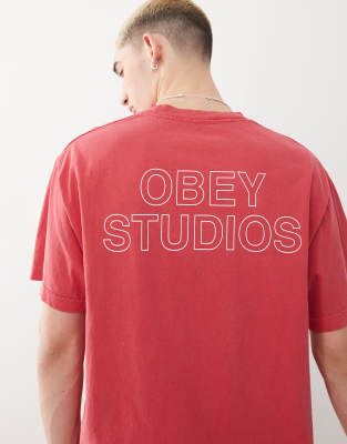 Obey Obey studios graphic logo t-shirt with back print in pigment raspberry-Red