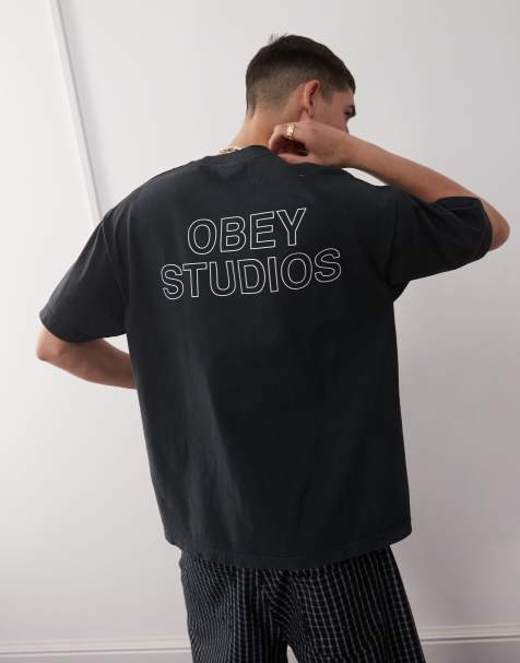 Obey – Studios – Vintagesvart t-shirt med grafisk logga och tryck baktill - view 1
