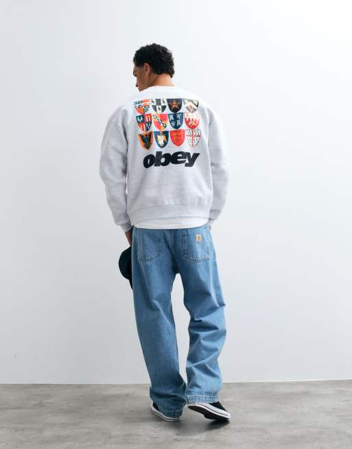 OBEY - Sudadera de cuello redondo gruesa gris con gráfico en la espalda, 4 de 5