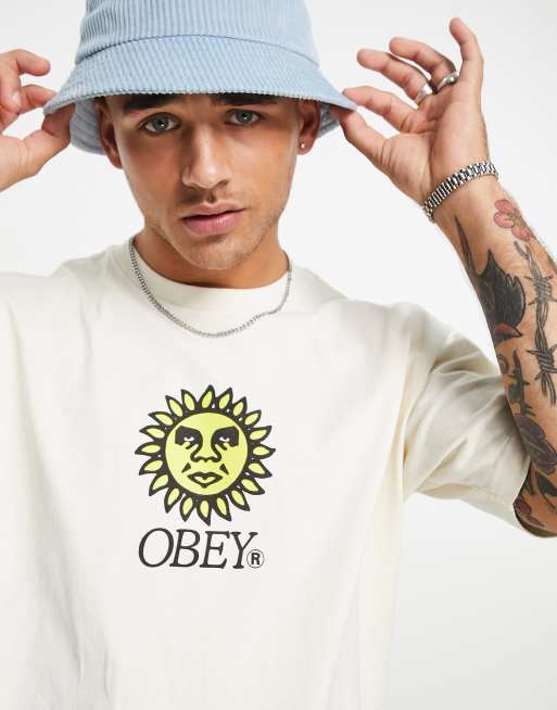 Obey – Sunshine – Schweres T-Shirt in Beige mit Stickerei