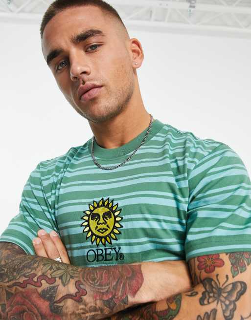 Obey sunshine stripe heavyweight t-shirt in green