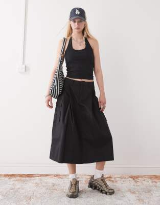 Obey Surface Pleated Cargo Midi Skirt In Black