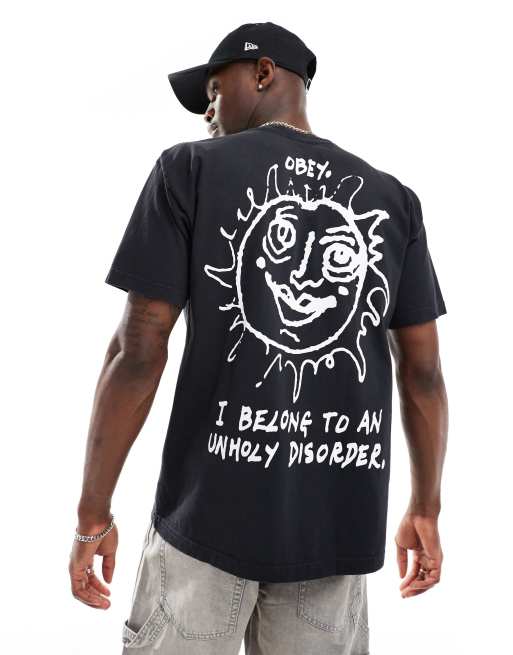 Obey – Svart plaggfärgad t-shirt med soltryck