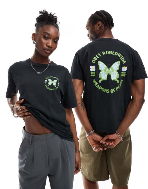 Obey – Svart, textilfärgad t-shirt i unisex-modell med fjärilslogga