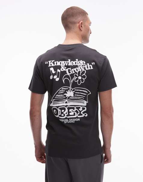 Obey – Svart, tvättad t-shirt med 'Knowledge and Growth'-tryck - view 1