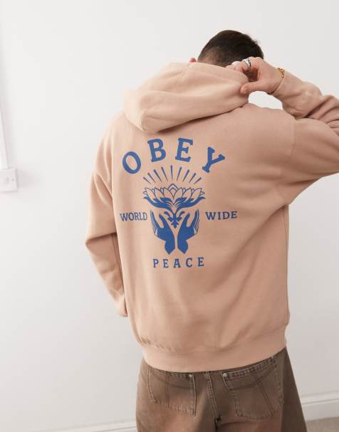 Obey - Sweat à capuche avec imprimé fleur de lotus et mains - Beige - view 1