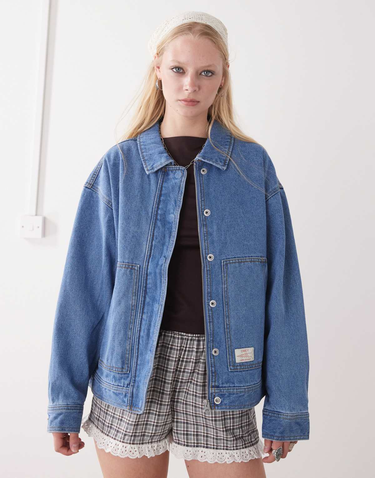 Obey Sybil button through denim jacket in light wash blue